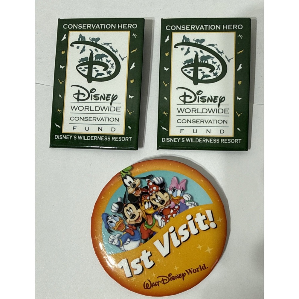 Disney Metal Pinback LOT 3pc Worldwide Conservation Fund‎ Button 1st Visit WDW